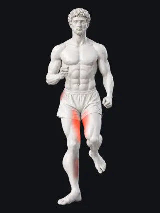 A marble statue running with his feet turned out: the inner thigh and knee glow red (tight) and the inner calf glows a dimmer red (asleep).