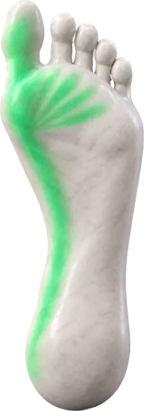 The sole of the marble statue's foot: the big toe and the line along the inner arch glow green (working), the toes spread.