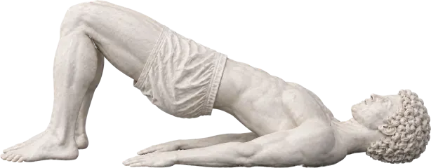 The marble statue in a glute bridge: lying on his back, knees bent, feet flat, hips lifted in a straight line.