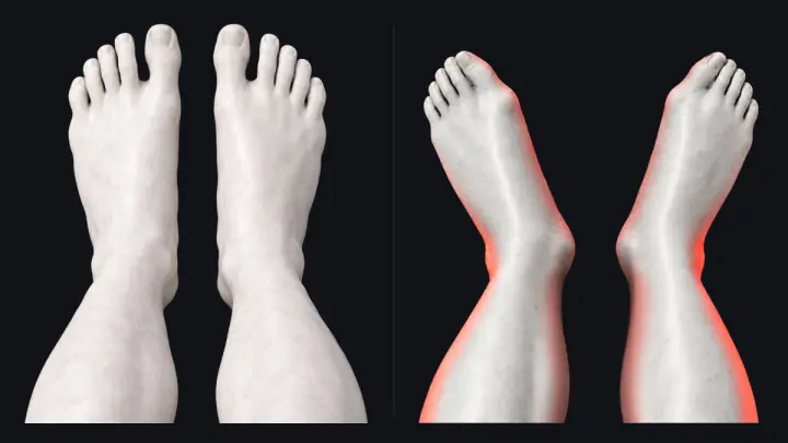 Two marble statues' feet seen from above. Left: both feet point straight ahead with the big toes straight. Right: duck feet, both feet turned out, the inner ankles rolling in, the shins glowing red (tight) and the big toes angled in toward the second toes.