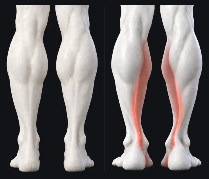 Two marble statues' calves and heels from behind. Left: both heels stand straight under the calves. Right: the heels roll in, and the inside of each calf glows a dimmer red down to the heel: the inner calf is flat and asleep.