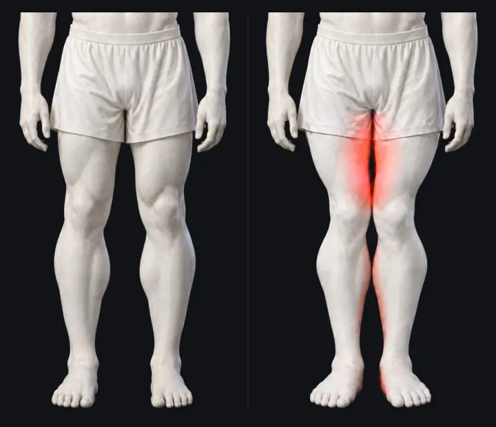 Two marble statues from the front, from the waist down. Left: each knee sits over its foot and nothing glows. Right: the knees cave in toward each other, the inner thighs glow red (tight) and the inner calves glow a dimmer red (asleep).