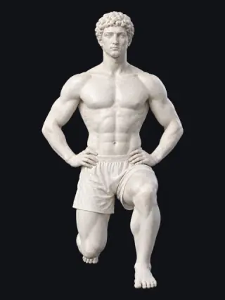 A marble statue in a low lunge seen from the front: the front knee over the foot, the back knee low, hands on the hips.