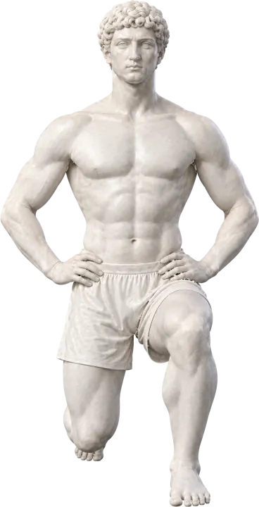 The marble statue in a low lunge from the front: left leg forward, hips level, hands on the hips.