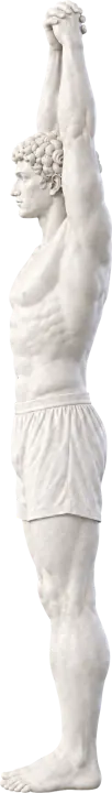 The marble statue reaching both arms overhead from the side: arms in line with the body, no arch in the back.
