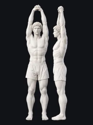 A marble statue reaching both arms straight overhead, seen from the front and from the side: arms beside the ears, ribs down, no arch in the lower back.