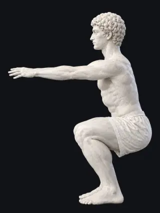 A marble statue in a deep squat seen from the side: heels down, knees travelling forward over the toes, chest up, arms reaching forward.